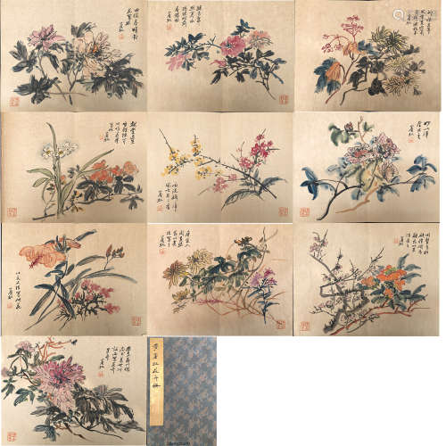 TEN PAGES OF CHINESE ALBUM PAINTING OF FLOWER BY HUANG BINHONG PROVENANCE: FROM THE COLLECTION OF CHRISTINE LATTY (1899-1981)