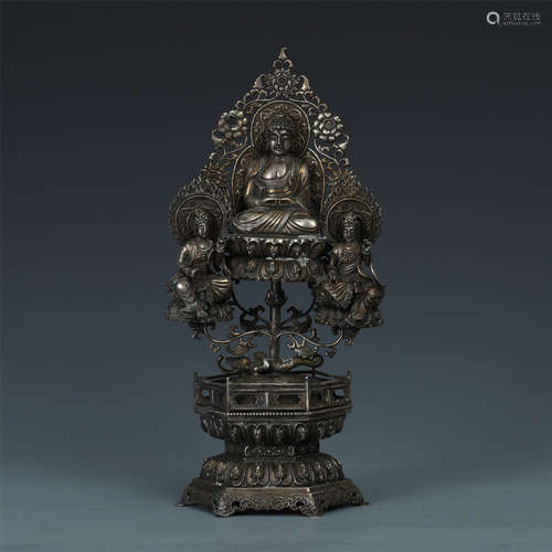 CHINESE SILVER SEATED BUDDHA ON LOTUS STAND