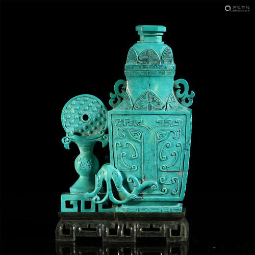 CHINESE TURQUOISE VASE ON SPINACH JADE STAND