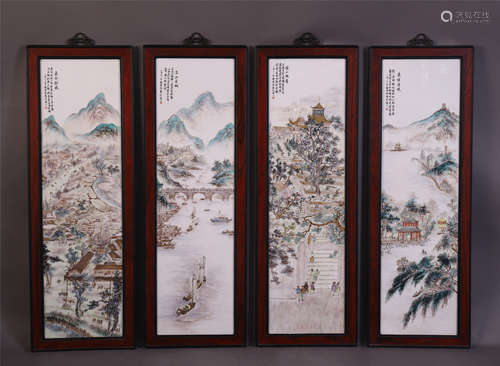 FOUR PANELS OF CHINESE PORCELAIN PLAQUE PAINTING OF MOUNTAIN VIEWS