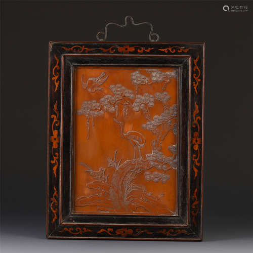 CHINESE BAMBOO PLAQUE OF CRANE AND PINE TREE WALL HANGED SCREEN