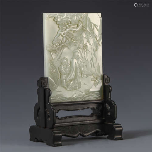 CHINESE CELADON JADE PLAQUE OF MEN UNDER TREE ROSEWOOD TABLE SCREEN