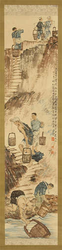 CHINESE SCROLL PAINTING OF MAN CARRYING WATER