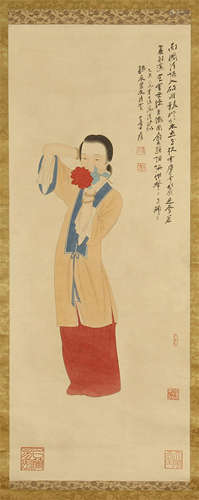 CHINESE SCROLL PAINTING OF BEAUTY WITH FLOWER