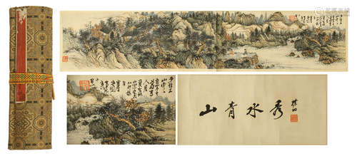 CHINESE HAND SCROLL PAINTING OF MOUNTAIN VIEWS WITH CALLIGRAPHY