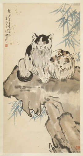 CHINESE SCROLL PAINTING OF CAT ON ROCK