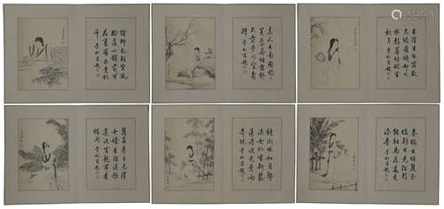 SIX PAGES OF CHINESE ALBUM PAINTING OF BEAUTY IN GARDEN BY ZHANG DAQIAN PROVENANCE: FROM THE COLLECTION OF CHRISTINE LATTY (1899-1981)