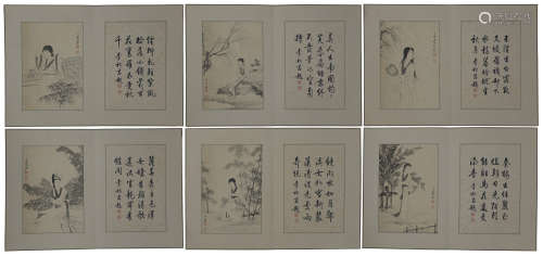 SIX PAGES OF CHINESE ALBUM PAINTING OF BEAUTY IN GARDEN BY ZHANG DAQIAN PROVENANCE: FROM THE COLLECTION OF CHRISTINE LATTY (1899-1981)