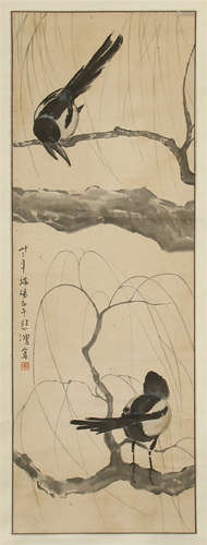 CHINESE SCROLL PAINTING OF BIRD ON TREE