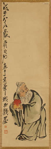 CHINESE SCROLL PAINTING OF MAN WITH PEACH