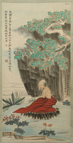 CHINESE SCROLL PAINTING OF SEATED LOHAN UNDER TREE