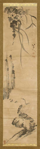 CHINESE SCROLL PAINTING OF BIRD ON ROCK