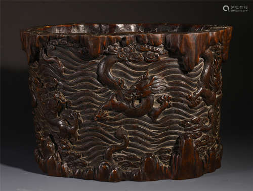 CHINESE AGALWOOD DRAGON BRUSH POT