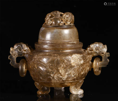 CHINESE TEA ROCK CRYSTAL BEAST LOOP HANDLE TRIPLE FEET LIDDED CENSER