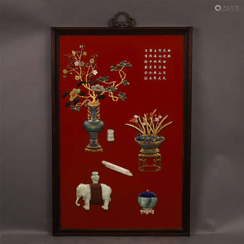 CHINESE GEM STONE INLAID CLOISONNE CINNABAR WALL HANGED SCREEN