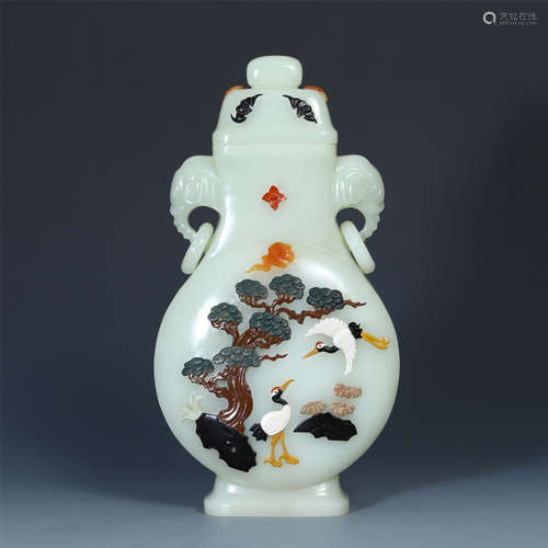 CHINESE GEM STONE INLAID CELADON JADE ELEPHANT LOOP HANDLE LIDDED SQUARE VASE