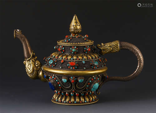 CHINESE GEM STONE INLAID GILT SILVER KETTLE