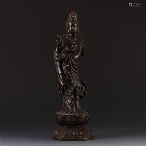 CHINESE GEM STONE INLAID BRONZE STANDING GUANYIN