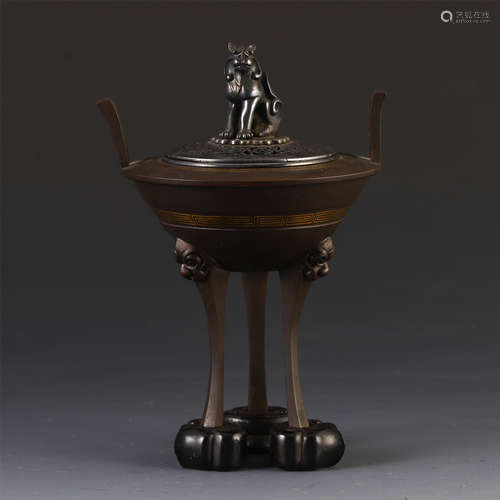 CHINESE GOLD INLAID BRONZE BEAST LIDDED LONG TRIPLE FEET CENSER