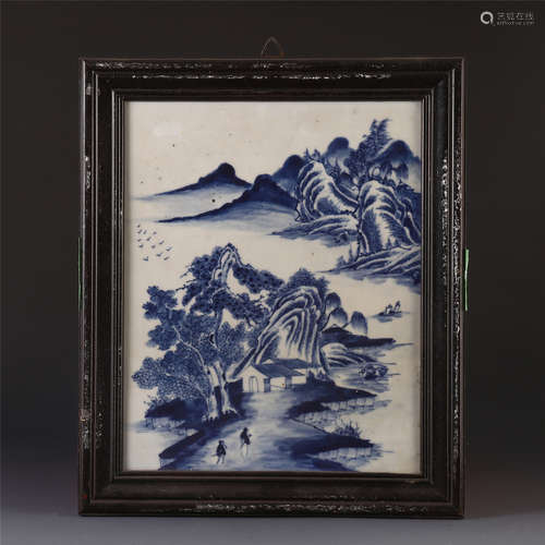 CHINESE PORCELAIN BLUE AND WHITE MOUNTAIN VIEWS PLAQUE