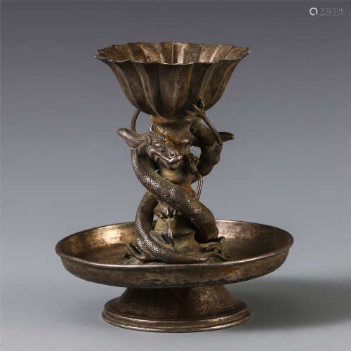 CHINESE SILVER DRAGON CANDLE HOLDER