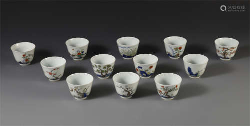 TWEELVE CHINESE PORCELAIN FAMILLE ROSE FLOWER CUPS