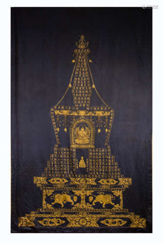 CHINESE GOLD EMBROIDERY  TAPESTRY OF BUDDHIST TOWER QING DYNASTY PROVENANCE: FROM THE COLLECTION OF CHRISTINE LATTY (1899-1981)
