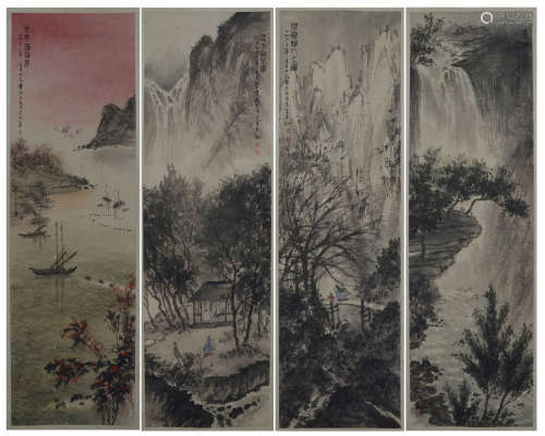 FOUR PANELS OF CHINESE SCROLL PAINTING OF MOUNTAIN VIEWS BY FU BAOSHI PROVENANCE: FROM THE COLLECTION OF CHRISTINE LATTY (1899-1981)
