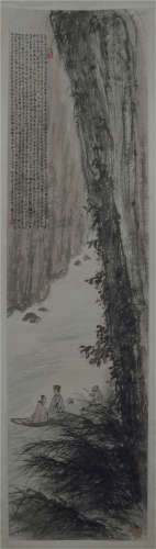 CHINESE SCROLL PAINTING OF MAN IN BOAT UNDER CLIFF BY FU BAOSHI PROVENANCE: FROM THE COLLECTION OF CHRISTINE LATTY (1899-1981)