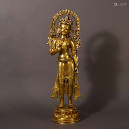 TIBETAN GILT BRONZE STANDING GUANYIN