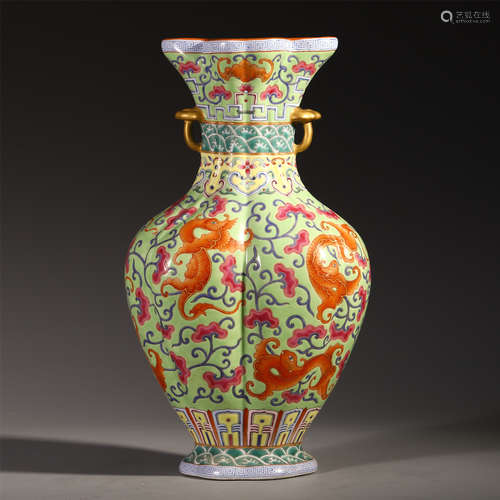 CHINESE PORCELAIN YELLOW GROUND FAMILLE ROSE DRAGON VASE