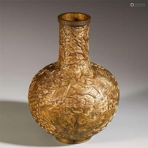 CHINESE GILT BRONZE CRANE AND PINE TIANQIU VASE