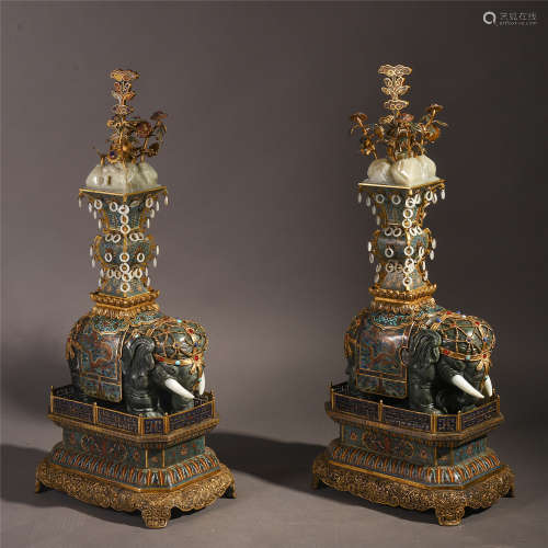 PAIR OF LARGE CHINESE SPINACH JADE ELEPHANT WITH JADE VASE ON CLOISONNE BASE