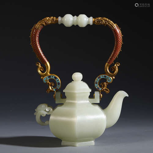 CHINESE CELADON JADE TEA POT WITH GILT BRONZE CLOISONNE HANDLE