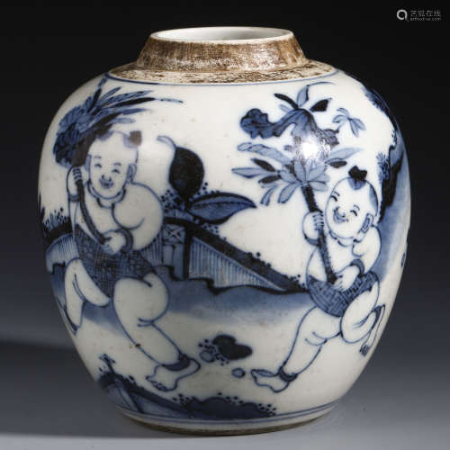 CHINESE PORCELAIN BLUE AND WHITE BOY PLAYING JAR