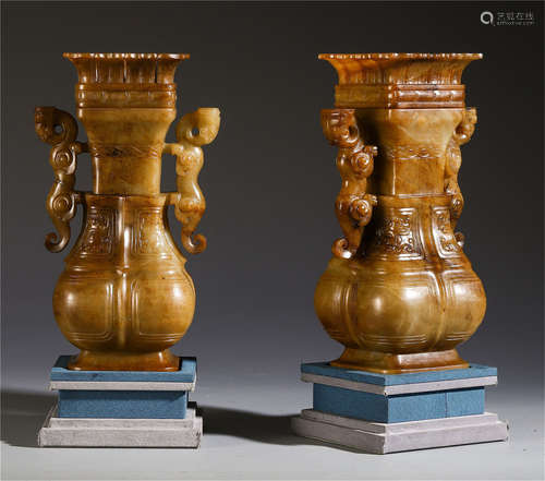 PAIR OF CHINESE NEPHRITE JADE BEAST HANDLE SQUARE VASES