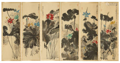 SIX PANELS OF CHINESE SCROLL PAINTING OF LOTUS