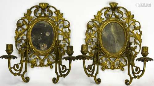 Pair Antique Ormolu Mirrored Double Arm Sconces