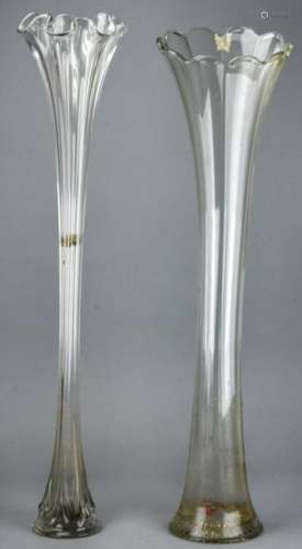 2 Mid Century Fluted Glass Tall Vases