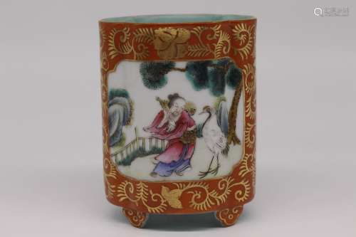 A Chinese Coral-Red Ground Famille-Rose Porcelain Brush Pot