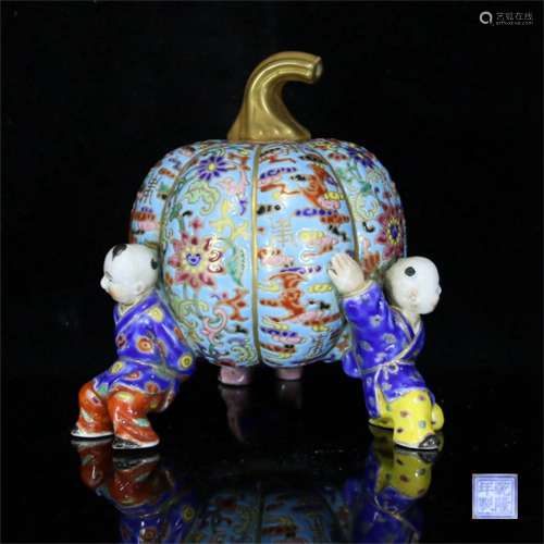 A Chinese Famille-Rose Porcelain Pumpkin with Boys Decoration
