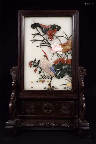 A Chinese Carved Zitan Screen with Jade and Hard Stone Inlaid