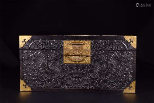 A Chinese Carved Zitan Box with Boxwood Inlaid
