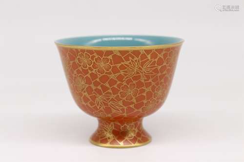 A Chinese Coral-Red Glazed Porcelain Stem-Cup