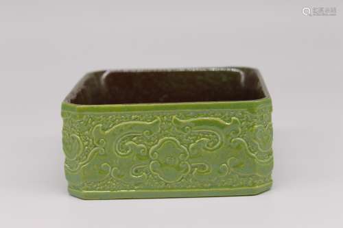 A Chinese Green Glazed Porcelain Square Brush Washer