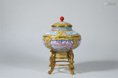 A Chinese Enamel Glazed Bronze Jar with Cover