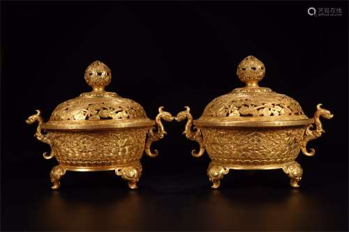 A Pair of Chinese Gilt Bronze Incense Burners