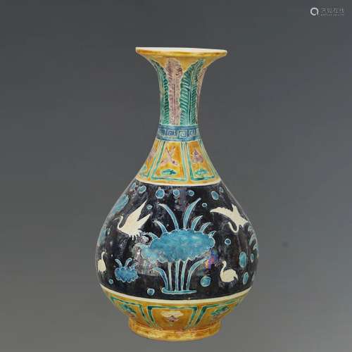 A Chinese Yellow Ground Famille-Rose Porcelain Vase