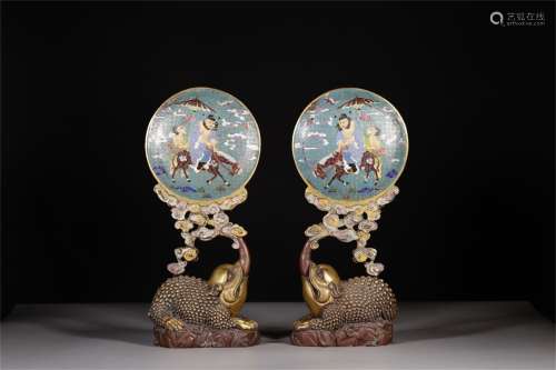 A Pair of Chinese Cloisonne Screen Decorations