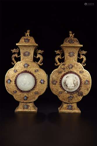 A Pair of Chinese Gilt Bronze Vases with Carved Jade Inlaid